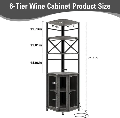 Miniatura 3 de Gabinete de bar de vino con toma de corriente, gabinete de vino industrial de 6 niveles con luz LED y soporte para vidrio, gabinete de barra de Gris