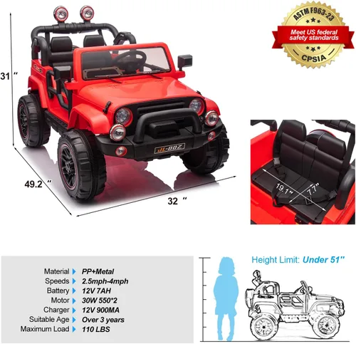 Miniatura 5 de Funda para camión y automóvil de 2 plazas, automóvil eléctrico para niños de 12 V con control remoto parental, música, Bluetooth, reproductor de Rojo