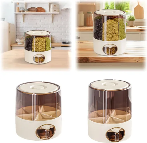 Miniatura 5 de Dispensador de granos, dispensador de alimentos secos giratorio de 360 grados con 6 compartimentos, salida de un solo clic, dispensador de granos
