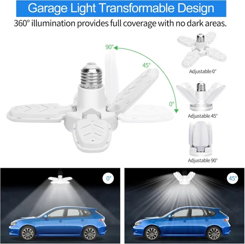 Miniatura 5 de Paquete de 2 bombillas LED de garaje, mini luces LED de techo de garaje de 50 W, 4 paneles ajustables, bombilla LED de garaje de 5000 lúmenes, luz