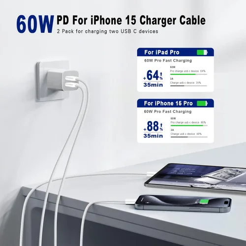 Miniatura 2 de Cable USB C a USB C de 6 pies, paquete de 2 cables de carga tipo C de 60 W (3A), cable de carga rápida trenzado compatible con 17/17 Air/17/16/15/15
