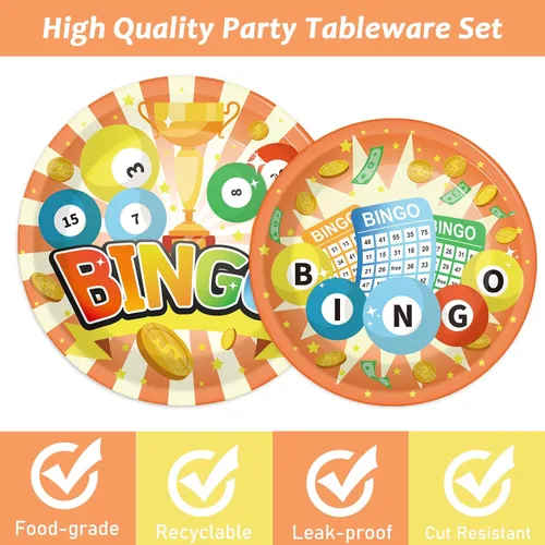 Miniatura 3 de Wiooffen 96 piezas de suministros para fiesta de bingo para 24 invitados, juego de vajilla para fiesta de bingo, decoración para fiesta, bingo