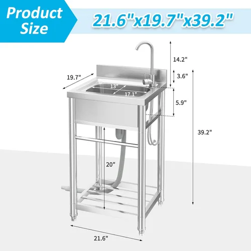 Miniatura 6 de Fregadero de acero inoxidable de 22 pulgadas, fregadero de lavandería con gabinete, estación de fregadero al aire libre para césped y jardín