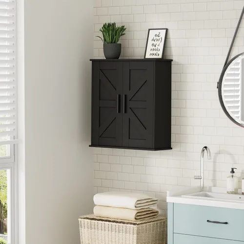 Miniatura 8 de Homleke Armario de pared para baño, armario de almacenamiento sobre inodoro con puertas de granero y estantes ajustables, botiquín de 3 niveles
