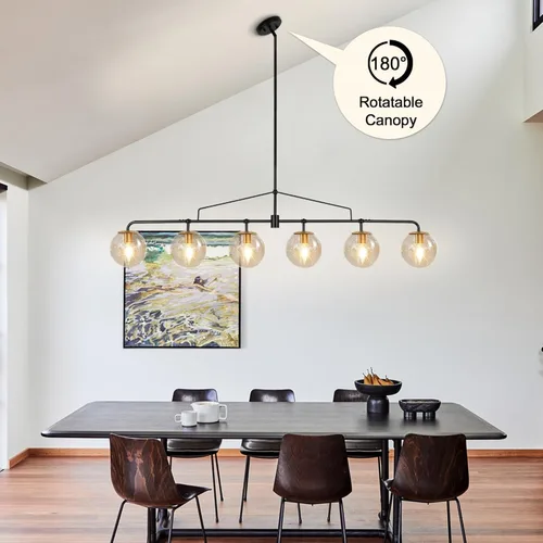 Miniatura 5 de Candelabro Lineal Moderno Negro y Dorado Lámpara de Comedor Accesorio de Iluminación Globo de Cristal Sembrado Candelabro Lineal 6 Luces para Granja
