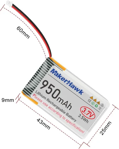 Miniatura 6 de MakerHawk Batería LiPo de 3.7 V 950 mAh recargable 1S 3C batería de polímero de litio con placa de protección cinta de goma aislada, enchufe micro