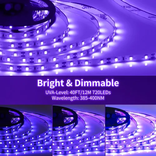 Miniatura 4 de Kit de tira de luz negra regulable de 40 pies/39.4 ft, 720 LED, accesorios de luz negra flexible de 12 V, 385 nm-400 nm, tiras LED de luz negra