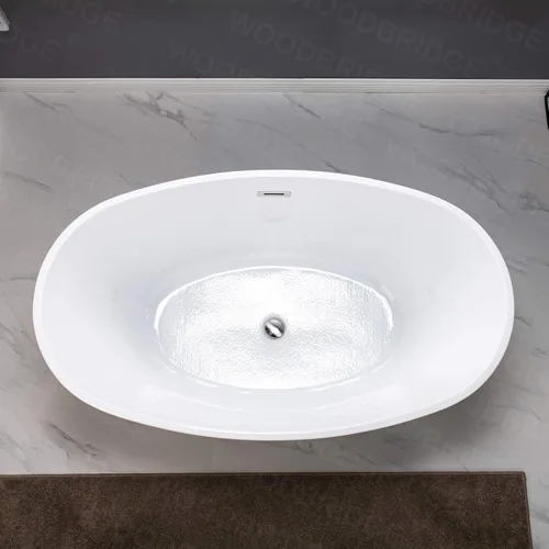 Miniatura 10 de WOODBRIDGE Bañera de acrílico independiente de 55 pulgadas, bañera blanca de remojo contemporáneo con desbordamiento y drenaje cromados, B1418