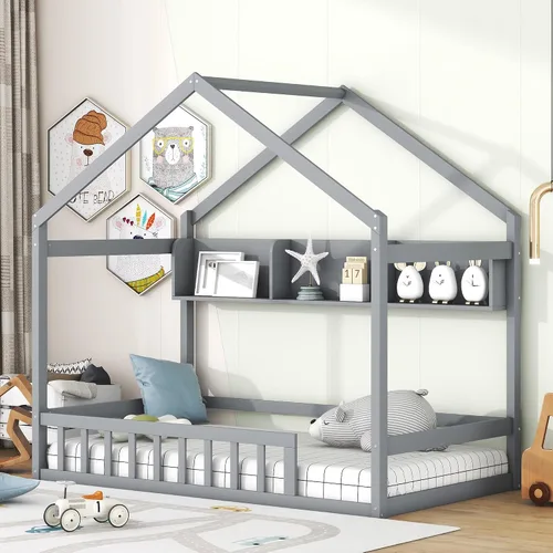Miniatura 12 de Base de cama de metal de tamaño individual con plataforma en forma de casa de techo, para niños y niñas, soporte de metal resistente, perfecto