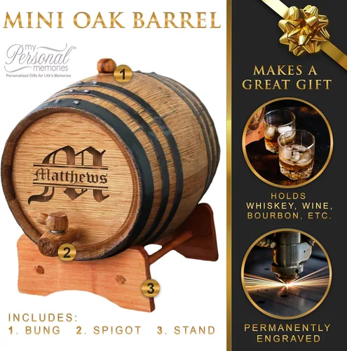 Miniatura 3 de My Personal Memories Barril de whisky personalizado, barril de vino personalizado, mini barril de envejecimiento de roble grabado, diseño clásico