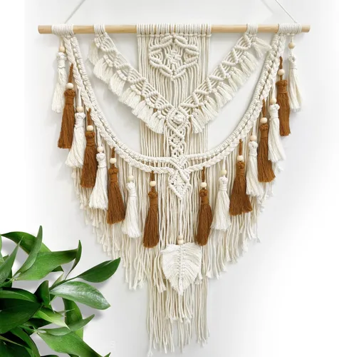 lokeisna Macramé para colgar en la pared, tapiz tejido beige y rosa polvoriento, hecho a mano, decoración de pared de macramé, galería y guardería,