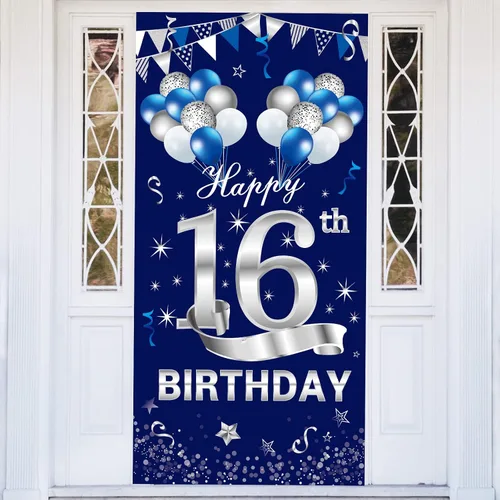 Turypaty Cartel azul plateado para puerta de cumpleaños número 16, decoración para puerta de cumpleaños de 16 años, suministros de fiesta para