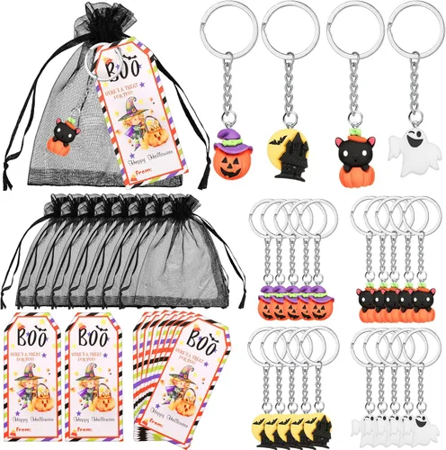 Huquary 72 piezas de regalos de Halloween, juego de 24 regalos de Halloween para estudiantes, 24 llaveros de Halloween, llavero de calabaza