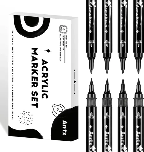Arrtx Paquete de 8 rotuladores de pintura negra de doble punta, marcadores de pintura acrílica grafiti negros para pintar sobre roca, papel, madera,