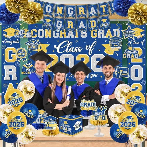 Miniatura 6 de Decoraciones de graduación de la clase de 2026, decoraciones de graduación azul y dorado con pancarta de felicitaciones, telón de fondo, letrero