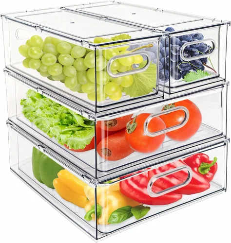 Miniatura 5 de Paquete de 7 organizadores transparentes para cajones de nevera, contenedores extraíbles apilables con asa para organización de gabinetes de cocina