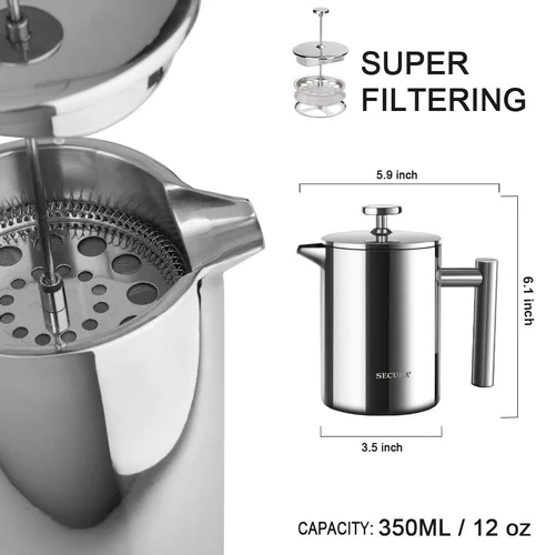 Miniatura 2 de Secura - Cafetera de prensa francesa de acero inoxidable 304 con 2 filtros adicionales Plateado