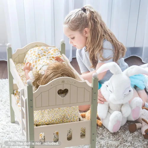 Miniatura 7 de ROBOTIME Litera para Muñeca de Bebé, Cuna de Muñeca de Madera para Muñecas de 18 Pulgadas, Juguete de Muebles para Muñeca American Girl con Ropa