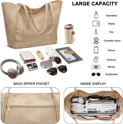 Miniatura 4 de Bolso grande de mano para mujer con cierre de trabajo, cartera de cuero para viajes y bolsos de KKXIU