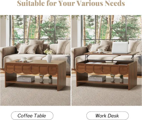 Miniatura 5 de Mesa de centro elevable con compartimento oculto, mesa central de madera de 2 niveles con panel ondulado, moderna mesa elevadora para el hogar, sala