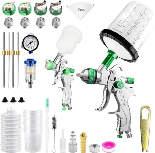 HVLP - Kit de pistola de pulverización de aire, 2 pistolas de pintura automotriz, 0.5/0.031 in, 4.2 fl oz y 1.4/0.067 in 20.3 fl oz desechables taza