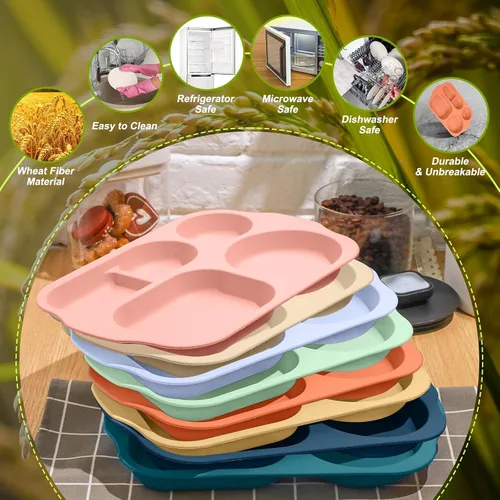Miniatura 4 de Vesici 8 piezas de platos grandes de 12 pulgadas irrompibles divididos para niños y adultos - Bandeja de paja de trigo - Aptos para microondas