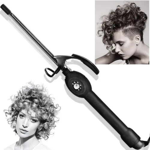 Rizador de cerámica fina de 0.354 in para cabello corto y largo, barril de 3/8 pulgadas con temperatura ajustable, diseño estilo palillo