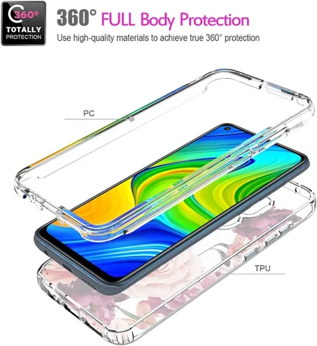 Miniatura 3 de Funda para Redmi Note 9/Redmi 10X 4G M2003J15SC con protector de pantalla de vidrio templado, cuerpo completo transparente con diseño floral, fundas