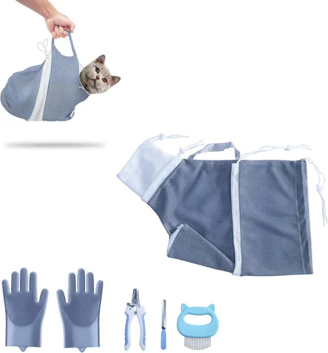 KlerRoem Bolsa de baño para gatos, ajustable, antimordeduras y antiarañazos, bolsa de aseo para perros y mascotas, incluye cortaúñas para mascotas,