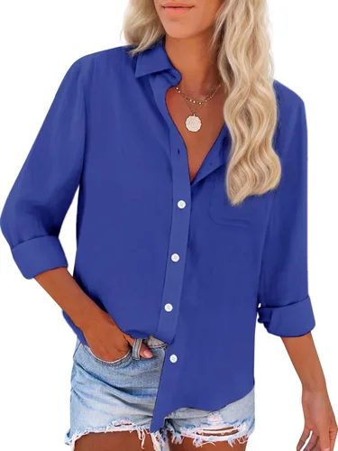 Miniatura 24 de Camisas de algodón con botones, para mujer, camisas de vestir Oxford, camisas de trabajo de manga larga, blusas con cuello y bolsillo