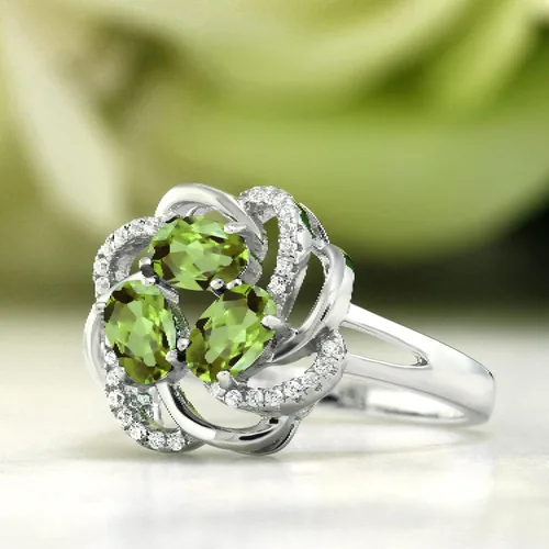Miniatura 74 de Gem Stone King Flower Blossom Gemstone Birthstone Ring in 925 Sterling Silver 3-Stone Oval 6X4MM with Sparkling Accents Wedding Anniversary