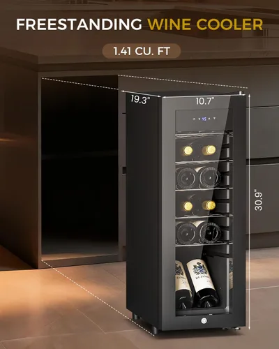 Miniatura 3 de Feelfunn Refrigerador de vino de 12 botellas – Pequeño refrigerador de vino para tinto, blanco, champán, bodega independiente con puerta de vidrio