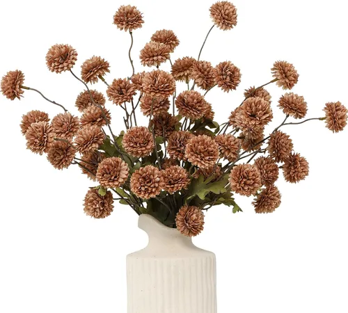 DuHouse 6 piezas de flores artificiales de seda falsa pompón, mini rosa falsa pequeña con tallos para ramos de bodas, centros de mesa, jarrones, Café