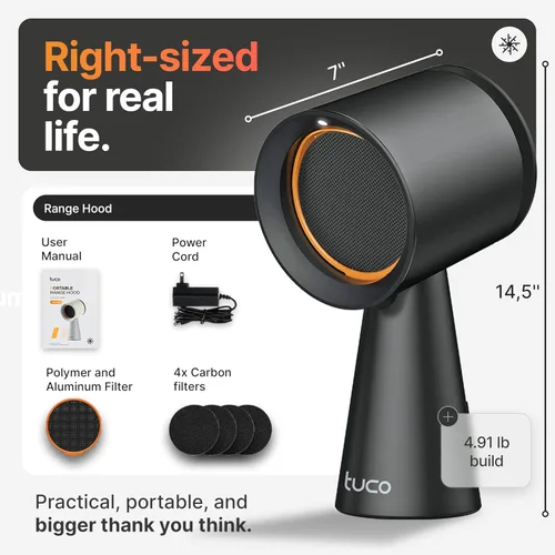 Miniatura 7 de TUCO Campana extractora portátil, ventilador de extracción de escritorio para cocina con 3 velocidades, filtro triple de polímero, aluminio