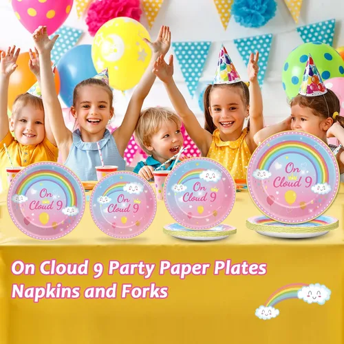 Miniatura 4 de 96 piezas de decoraciones de cumpleaños de On Cloud 9 para niñas, suministros de platos y servilletas de fiesta On Cloud 9, juego de vajilla