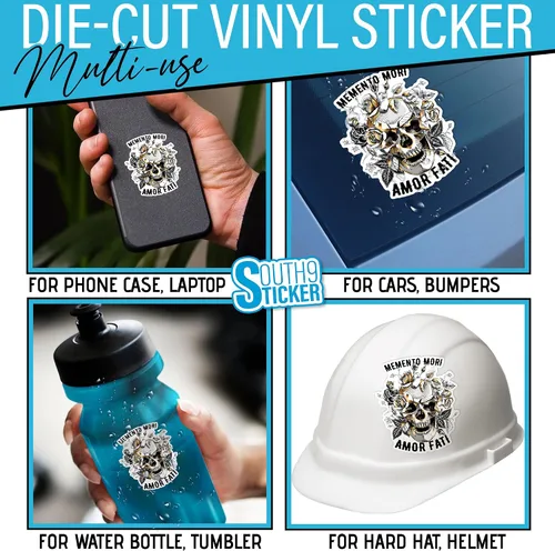 Miniatura 2 de Calcomanías de vinilo troqueladas con diseño de Memento Mori Amor Fati Skull Gold Roses Flowers para casco duro, botella de agua, laptop, monopatín