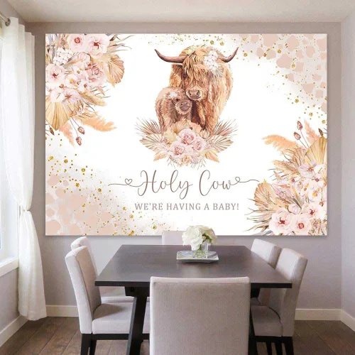 Miniatura 4 de Fondo bohemio de vaca santa para baby shower, vaca de las tierras altas, con texto en inglés "We are Having A Baby", diseño floral bohemio de hierba