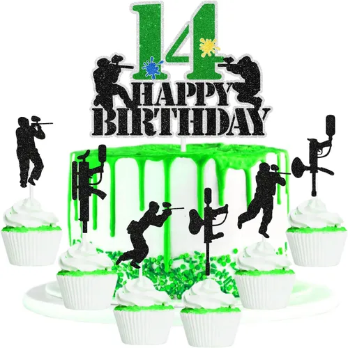 Miniatura 6 de Paintball - Juego de 7 decoraciones para tartas de cumpleaños para niños de 11 años, decoración de juego de disparos con temática de disparos