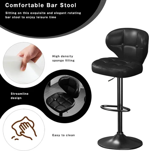 Miniatura 3 de Juego de 2 taburetes de bar, sillas de bar giratorias ajustables con respaldo y reposapiés, modernos taburetes tapizados de piel sintética para isla