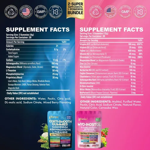 Miniatura 3 de Paquete de gomitas calmantes y lisas: suplemento de cortisol y mio-inositol con D-Chiro inositol, berberina, magenesio, ashwagandha, L-teanina