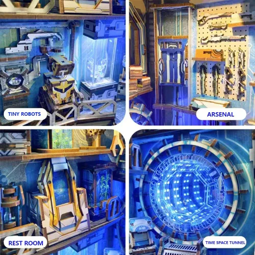 Miniatura 4 de Cyberpunk - Kit de rincón de libro, kit de casa de muñecas de bricolaje 3D rompecabezas de madera con decoración futurista LED, decoración del hogar