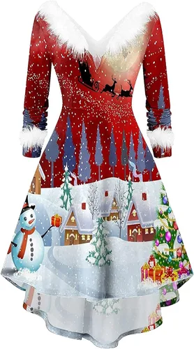 TWGONE Vestido de Navidad para mujer cuello en V felpa cuello en V caricaturas festival cóctel fiesta vestido acampanado