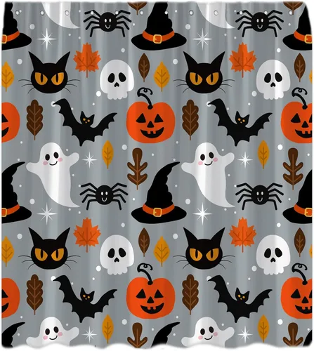 Miniatura 11 de Cortina de ducha azul de Halloween, linda cortina de baño de fantasma, terror, calabaza, espeluznante, gato negro, calavera aterradora, murciélago