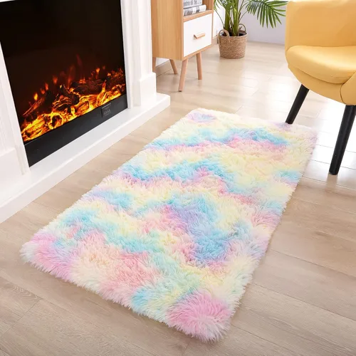 Miniatura 36 de Noahas - Alfombra suave y afelpada para habitación de niña y sala de estar, colorida, decoración para guardería, teñido anudado arcoíris, azul