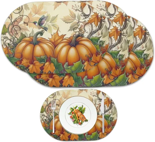 Miniatura 64 de Non Slip Placemats Set of 6 Pumpkin Mushroom Theme Waterproof Wipeable Faux Leather for Thanksgiving Family Feast Heat Resistant Dining Table Mats
