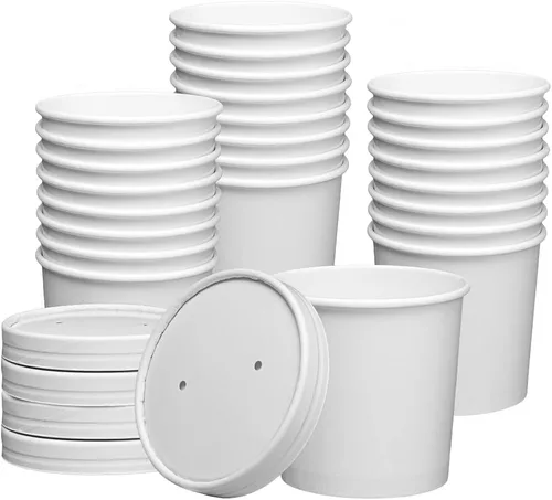 GUSTO [12 onzas – 25 recipientes de papel blanco para alimentos con tapas ventiladas – Tazones de sopa caliente para llevar, tazas de helado