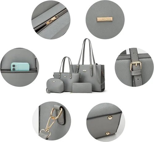 Miniatura 92 de Juego de 4 bolsas modernos para mujer de cuero sintético: bolso tote, bolso de hombro, bolso de mano y cartera.