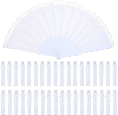 Miniatura 13 de Geelin - 50 piezas de abanicos de encaje plegables de mano para mujeres con bolsa de organza, abanicos europeos retro de encaje plegados para novia