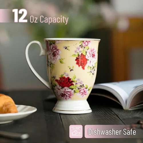 Miniatura 3 de BTT- Tazas de café grandes, 12 onzas, juego de 4, tazas florales para tazas de café, porcelana de porcelana, taza de té