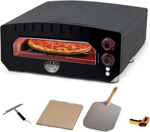 Slice Box - Horno eléctrico para pizza al aire libre, cocina en encimera, calienta hasta 750 grados, termómetro digital, piedra de pizza y cáscara
